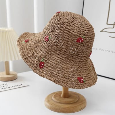 Chapeau d'été pour femme Motif fraise Protection solaire Large bord Casquette de pêche Chapeau de soleil Pliable Pare-soleil Accessoires de plage Bord de mer Chapeau de soleil (khaki,56-58cm) kaki