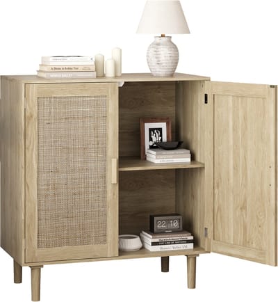 MODENUIT Opbergkast - Twee Deuren Met Rotanfront En Open Vakken - Voor Woonkamer En Hal - MDF Naturel - 80x40x88 Cm