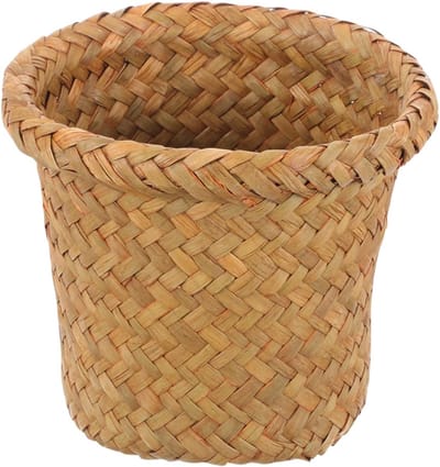 Rieten Prullenbak - Opbergmand Mand - Badkamer Kantoor - Handgeweven Design - 21x21cm - Oranje