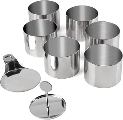 6 Stuks Dessert- en Diner Ringen van RVS - 7.5 cm Taart Ringen met Lifter en Stamper voor Mousse, Cake en Rijstballen