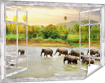 Gards Tuinposter Doorkijk Kudde Olifanten in het Water - 120x80 cm - Tuindoek - Tuindecoratie - Wanddecoratie buiten - Tuinschilderij