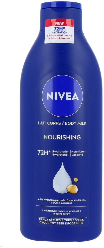NIVEA Verzorgende Body Milk - met Hyaluronzuur Zachte Amandel Olie en Voedend serum - Body Melk met 72 Uur Hydratatie - Voor Droge tot Zeer Droge Huid - 400 ml