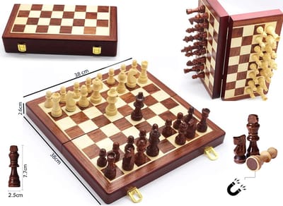 WOODEN CHESS - Magnetische Houten Schaakbord set + 2 Extra Koninginnen - Inklapbaar - 38X38CM - Opvouwbaar