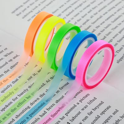Dailygoods- Notetape Sterke Hechting - Fluorescerende Kleuren - Transparant - 6mm x 5m - Set van 5 Rollen - Hoogwaardige Kwaliteit - Markeertape