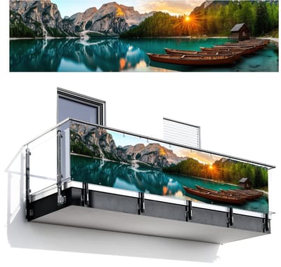 Balkonscherm 300x80 cm - Balkonposter Meer - Bergen - Zonsondergang - Boot - Balkon scherm decoratie - Balkonschermen - Balkondoek zonnescherm
