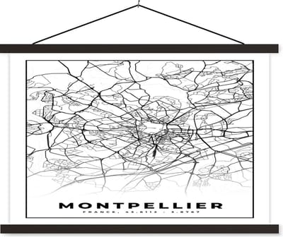 Posterhanger incl. Poster 60x40 cm - Schoolplaat - Stadskaart - Montpellier - Plattegrond - Kaart - Frankrijk - Zwart wit - Textielposter - Zwarte latten - Stadskaart