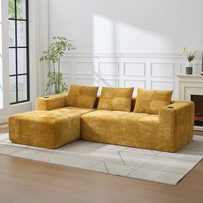 REDOM L-vormige Hoekbank + Sofa - Ruime 4/5-zits met bekerhouders - Moderne bank voor woonkamer - Zachte chenille bekleding - Geel - 258 x 163 x 68 cm