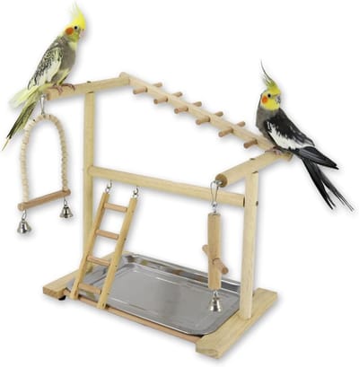 Houten Vogel Speeltuin Tafel met Voerbakken en Klimaccessoires voor Parkieten en Papegaaien