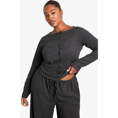 boohoo Dames Plus Top met lange mouwen en textuur via knoopsluiting | Houtskool | Maat: 44