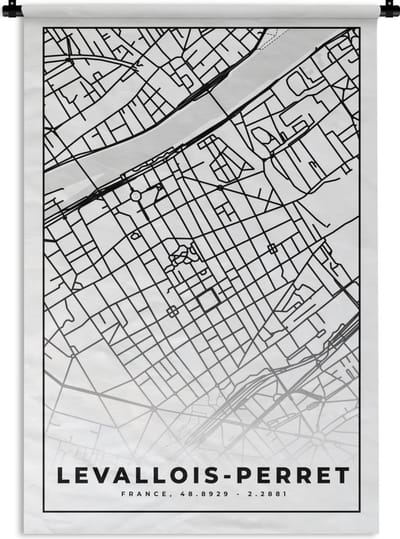 Wandkleed - Wanddoek - Frankrijk - Plattegrond - Levallois-Perret - Stadskaart - Kaart - Zwart wit - 120x180 cm - Wandtapijt