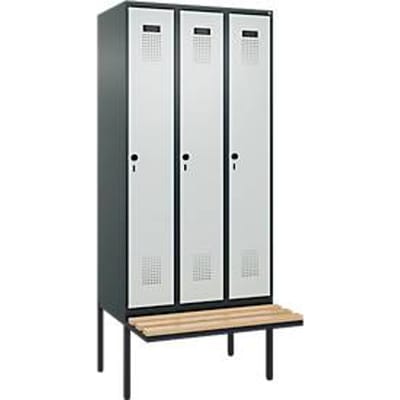 C+P Evolo Plus garderobekast, 3 vakken, elk 300 mm breed, zwevende bank, B 900 x D 815 x H 2120 mm, draaibout, antraciet/lichtgrijs