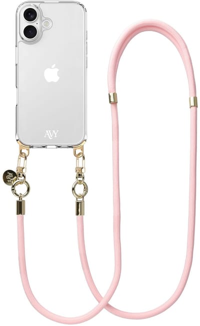 AVY Case geschikt voor Apple iPhone 16 | Transparant Hoesje Met Telefoonkoord 130CM | Crossbody Tressé Pink