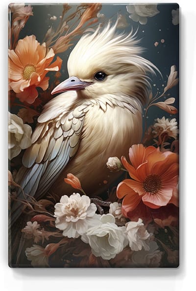 Witte vogel met bloemen - Laqueprint - 19,5 x 30 cm - Niet van echt te onderscheiden handgelakt schilderijtje op hout - Mooier dan een print op canvas. - LP312