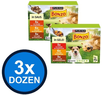 3x Bonzo - In Gelei Mix Multipack (12x85g) - Hondenvoer Natvoer - 1.02 kg