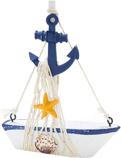Houten Zeilboot Model - Maritieme Decoratie - Feestdecoratie - Met Visnet en Schelpen - 11 x 14 cm - Blauw Wit