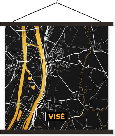 Posterhanger incl. Poster 60x60 cm - Schoolplaat - Visé - Kaart - Stadskaart - Plattegrond - Black & gold - Textielposter - Zwarte latten - Stadskaart