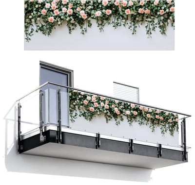 Balkonscherm 300x100 cm - Balkonposter Bloemen - Muur - Rozen - Groen - Balkon scherm decoratie - Balkonschermen - Balkondoek zonnescherm