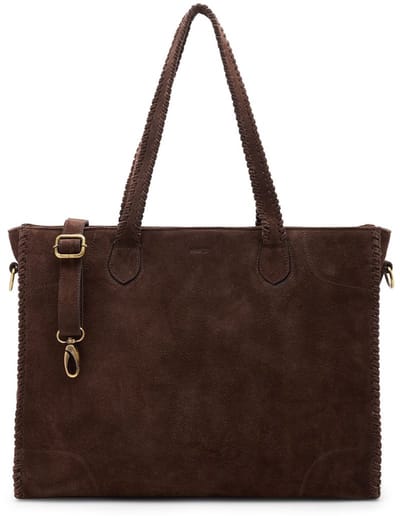 Manfield - Donkerbruine suède shopper met gevlochten details
