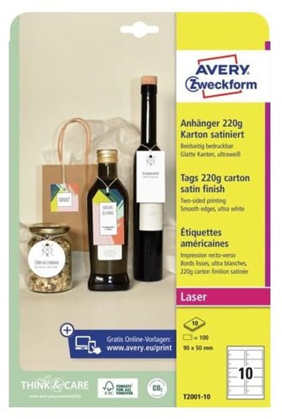 Avery-Zweckform T2001-10 Labels 90 x 50 mm Karton Ultra-wit 100 stuk(s) Niet hechtend Laser (kleur), Laser (zwart/wit)
