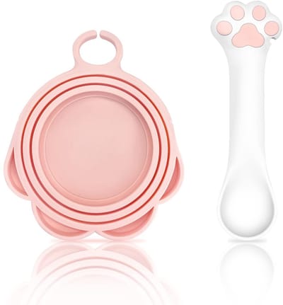 Cosensi - Pet Food Can Opener - Multi-Size - Herbruikbaar - Roze - Silicone Can Cover - Mini Lepel - Geschikt voor Honden en Katten