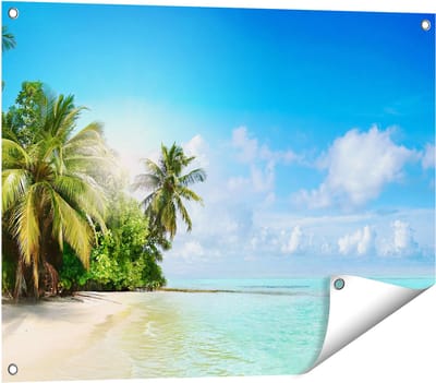 Gards Tuinposter Tropisch Strand bij de Licht Blauwe Zee - 80x60 cm - Tuindoek - Tuindecoratie - Wanddecoratie buiten - Tuinschilderij