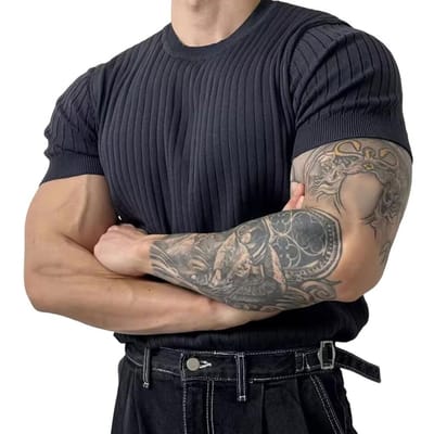 T-shirt de sport d'été pour hommes en fil tricoté élastique col rond coupe ajustée couleur unie manches courtes pull entraînement gymnase haut d'entraînement L bleu