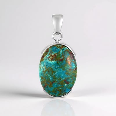 Cavill - Zilveren Hanger - 925 Sterling Zilver - 19 Karaat Peruaanse Chrysocolla - 25x18 mm Ovaal Cabochon - Bohemian Stijl Turquoise Groen