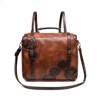Steampunk Middeleeuwse Retro Stijl Grote Capaciteit Kleurblokkerend Dames Crossbody Tas, Handvat Dubbele Schouder Computer Tas bruin
