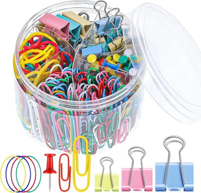 Set van 350 Paperclips in Diverse Maten, Gekleurde Kantoorclips, Rubber Bands en Duimspijkers voor Kantoor en Schoolgebruik