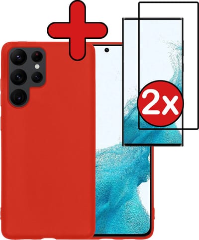 Hoesje - Met 2x Screenprotector - Geschikt voor Samsung Galaxy S22 Ultra - Sterk & Shockproof - Telefoon Hoes - Back Cover - Siliconen Case - Telefoonhoes - Rood