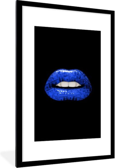 Fotolijst incl. Poster - Lippen - Geld - Blauw - 80x120 cm - Posterlijst