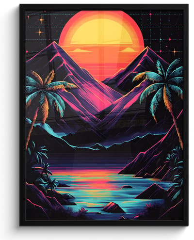 Poster in lijst - Fotolijst 50x70 cm - Posters - Palmbomen - Neonbergen - Sterrenhemel - Zon - Posterlijst zwart - Decoratie - Wanddecoratie woonkamer - Muurdecoratie slaapkamer