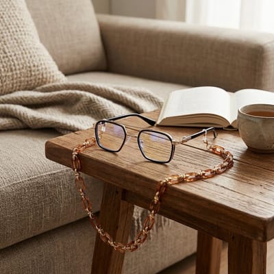Amberkleurig goudkleurig brillenkoord brillenbandje dames en heren – acryl schakel brillen ketting met siliconen lussen – brillenkoord voor zonnebril en leesbril – brillenband met amberkleurige schakels