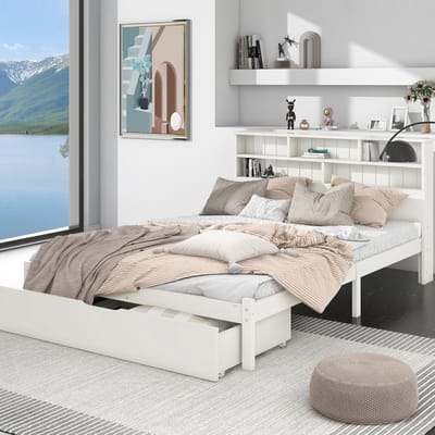 MEUNIQ Bedframe 140 x 200 cm met boekenkast-hoofdbord, 2 lades en opbergruimte onder het bed, wit
