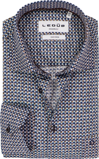 Ledub modern fit overhemd - popeline - donkerblauw dessin - Strijkvriendelijk - Boordmaat: 38