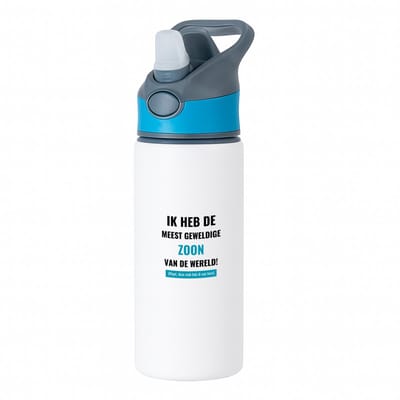 Hacebo® - ik heb de meest geweldige zoon van wereld (klopt, deze mok heb ik van hem) waterfles met rietje blauw - de meest geweldigste zoon - verjaardagscadeau - verjaardag - cadeau - cadeautje voor zoon - water fles - 650ML