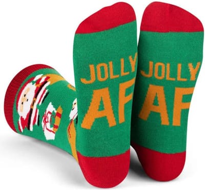 Kerstsokken met Kerstman, Cadeautjes en Grappig Tekst op zolen: Jolly AF - Sokken Dames Maat 36-40