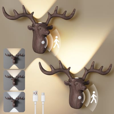 Rosnek Houtlook Hert Wandlamp Binnen 2 Stuks - Draadloze LED Nachtlamp met Bewegingssensor - Up & Down Verlichting - Oplaadbaar & Traploos Dimbaar - Slaapkamer / Trap (Kleur: Walnoot)