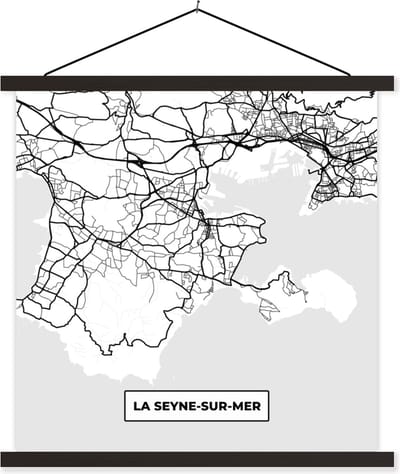 Posterhanger incl. Poster 60x60 cm - Schoolplaat - Frankrijk - Kaart - Plattegrond - Stadskaart - La Seyne-sur-Mer - Zwart wit - Textielposter - Zwarte latten - Stadskaart