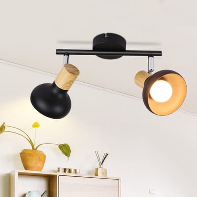 NETTLIFE Opbouwspot - E14 Fitting - 2-Lichts - zwart - L 25.5cm - met Hout ontwerp - Metaal - Moderne Plafondlamp - 350° draaibar Plafondspot - voor Keuken | Hal | Woonkamer - Zonder lamp