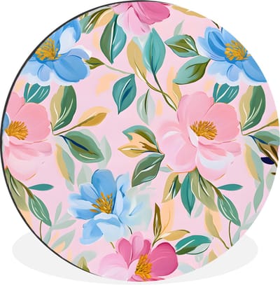 WallCircle - Wandcirkel - Muurcirkel - Blauw - Roze - Bloemen - Aluminium - Dibond - 30x30 cm - Binnen en Buiten