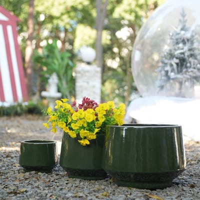Bloempotset - Ø 38,1/28/22,9 cm - Handgemaakt Glad Design - Binnen en Buiten - Keramiek - Donkergroen