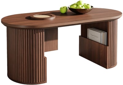 Ovale Salontafel Walnoot - Met Opbergruimte & Open Vakken - Retro MDF Design - Woonkamer - 105x50 cm