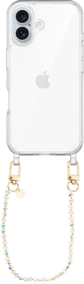 xoxo Wildhearts siliconen hoesje geschikt voor iPhone 17 hoesje - Crystal (Transparant) - Telefoonhoesje - Hoesje met koord - Kristal ketting - Kristallen met gouden details - kort telefoonkoord - Transparant hoesje