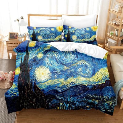 Van Gogh Beddengoed Set Eenpersoons Twin Vol Queen King Size Bed Set Aldult Kind Slaapkamer Dekbedovertrek Sets 3D retro klassieke hoeslaken set EU single(135x200cm) blue