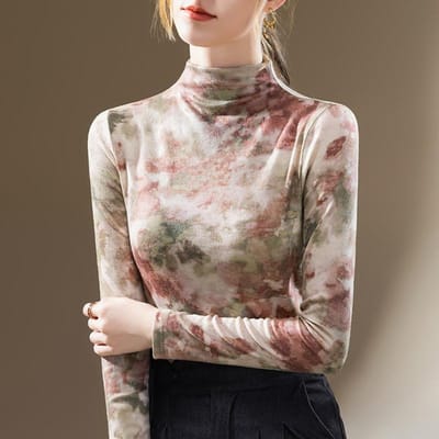 Basisshirt met halve col voor dames T-shirt met lange mouwen met contrasterende kleurprint Taille-omsluitende top 3XL white