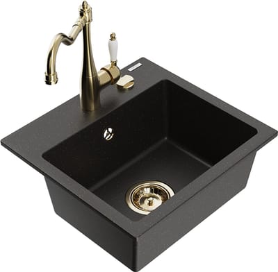 Mexen Milo granieten spoelbak 1-kompartment met Carla keukenkraan, zwart/gouden metallic - 6505-75-670700-50