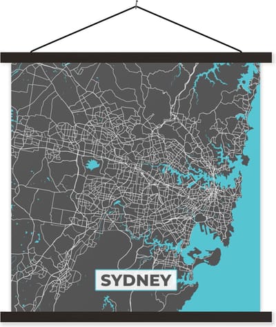Posterhanger incl. Poster 60x60 cm - Schoolplaat - Sydney - Blauw - Kaart - Plattegrond - Stadskaart - Textielposter - Zwarte latten - Stadskaart