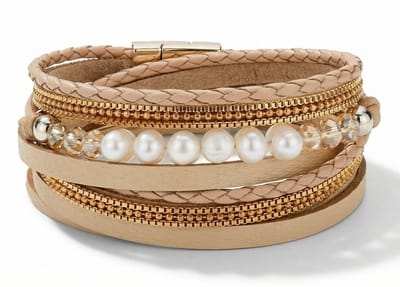 Wikkelarmband Dames - Leren armband Galeara design Perla 19,5cm met Parels Rosekleurig met Zand tinten Dames