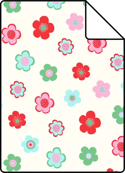 Proefstaal ESTAhome behang vintage bloemetjes lichtblauw, groen en rood - 26.5 x 21 cm - 138726-S